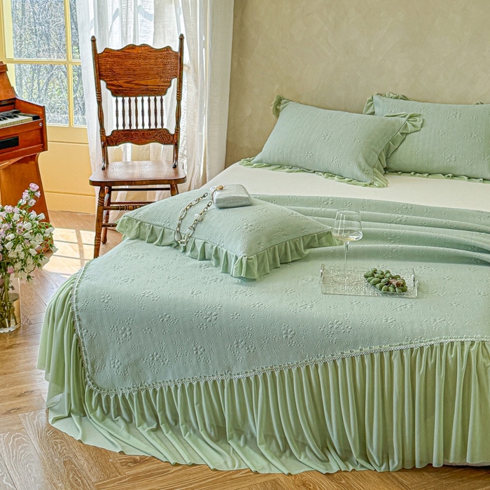 91家纺网 家纺一手货源 找家纺 赫本家纺  2026新款PE高分子单泡提花凉感复合凉席三件套 桃雾奶芙-绿（三明治复合）