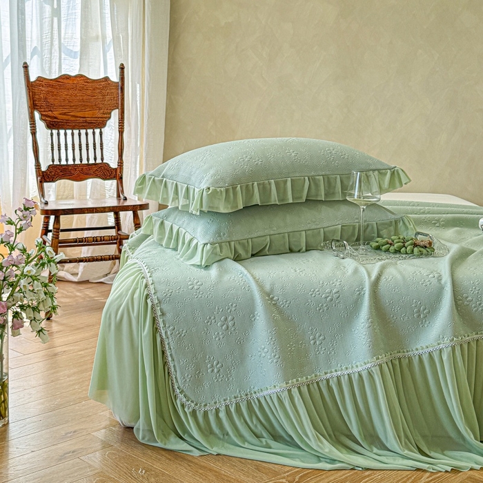 91家纺网 家纺一手货源 找家纺 赫本家纺  2026新款PE高分子单泡提花凉感复合凉席三件套 桃雾奶芙-绿（三明治复合）