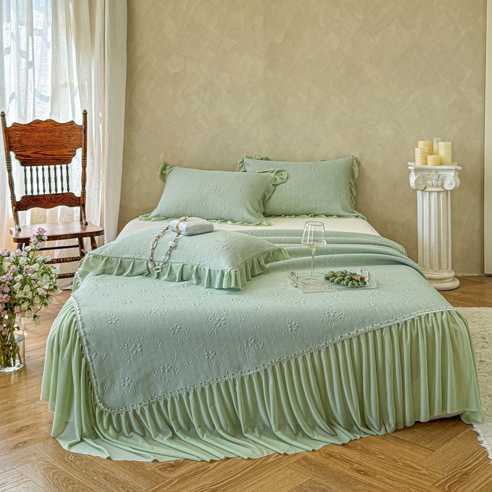 91家纺网 家纺一手货源 找家纺 赫本家纺  2026新款PE高分子单泡提花凉感复合凉席三件套 桃雾奶芙-绿（三明治复合）