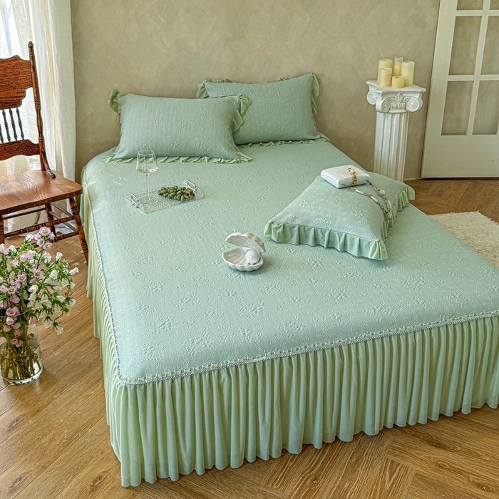 91家纺网 家纺一手货源 找家纺 赫本家纺  2026新款PE高分子单泡提花凉感复合凉席三件套 桃雾奶芙-绿（三明治复合）