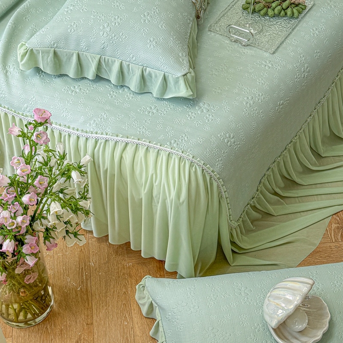 91家纺网 家纺一手货源 找家纺 赫本家纺  2026新款PE高分子单泡提花凉感复合凉席三件套 桃雾奶芙-绿（三明治复合）