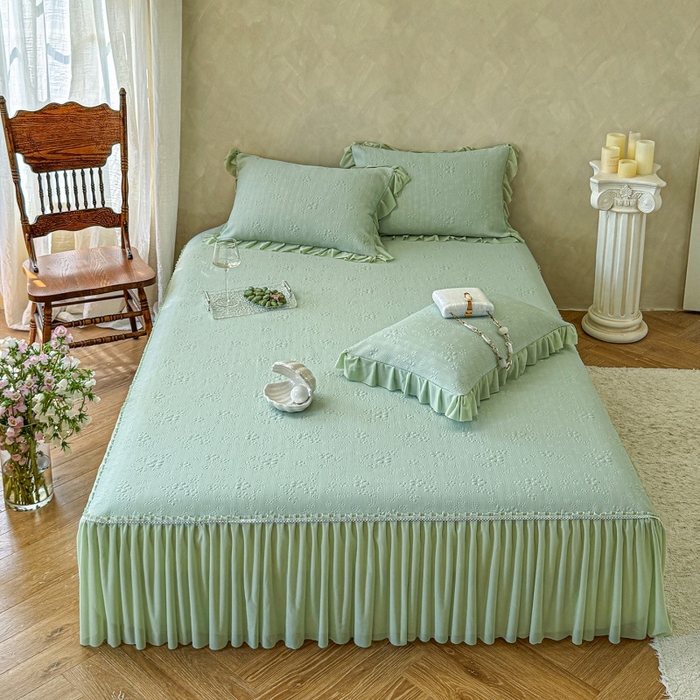 91家纺网 家纺一手货源 找家纺 赫本家纺  2026新款PE高分子单泡提花凉感复合凉席三件套 桃雾奶芙-绿（三明治复合）