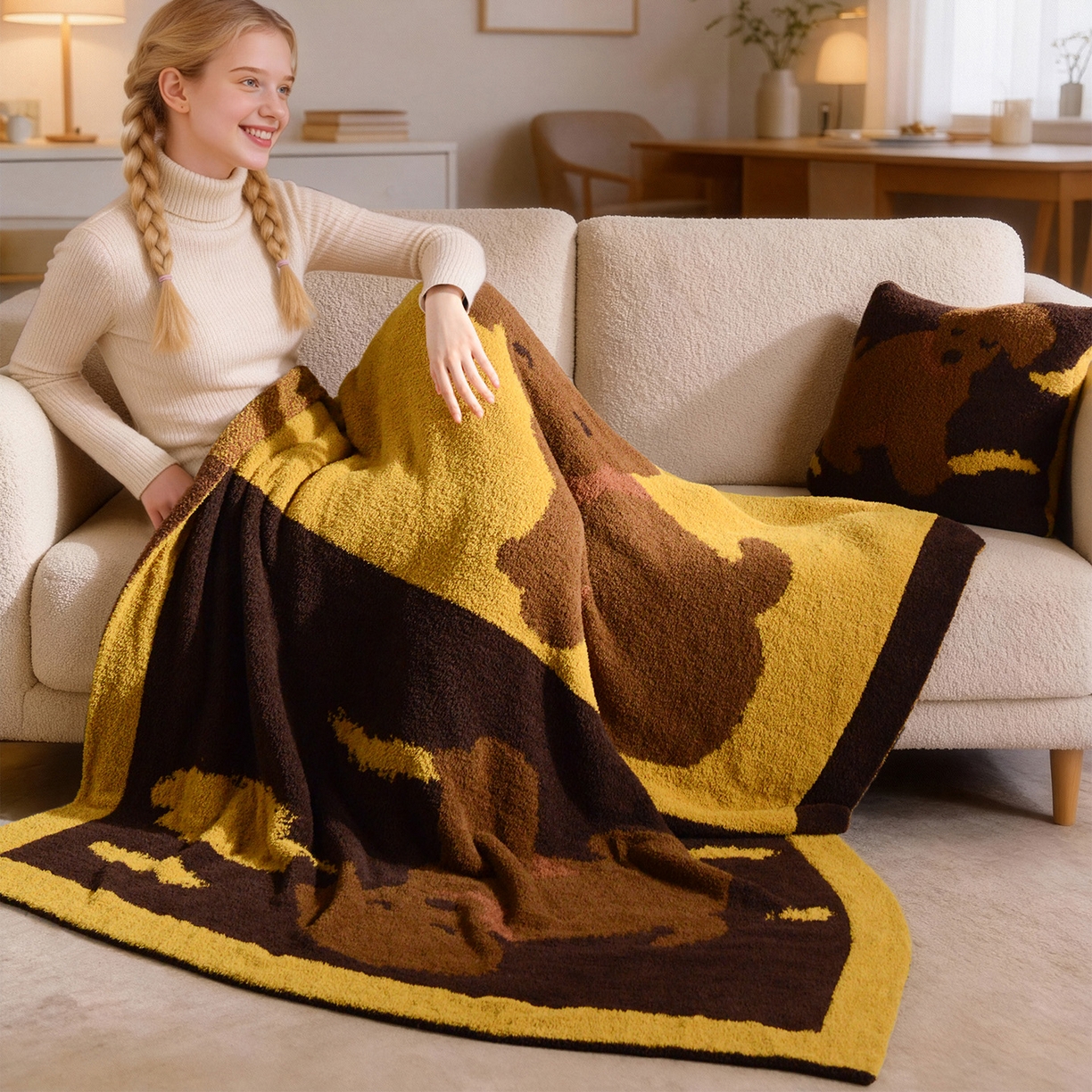 91家纺网 家纺一手货源 找家纺 栩裕纺织 2026新款艺术家居超柔半边绒A类针织毯披肩毯多功能盖毯礼物礼品终端控价 云朵朵（咖）针织毯