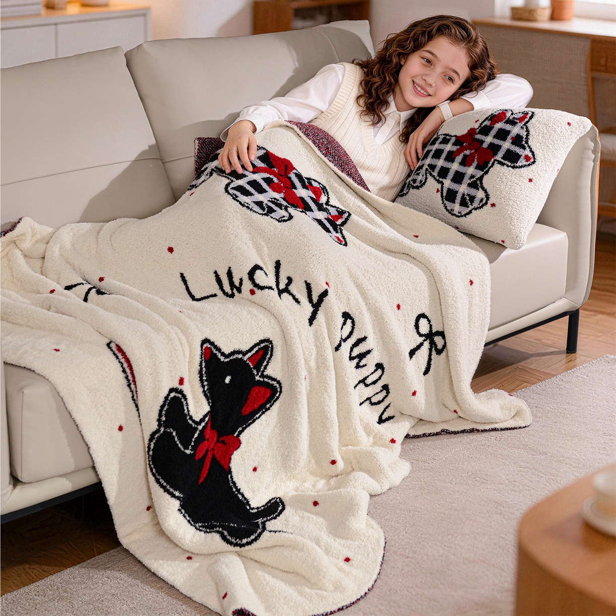 91家纺网 家纺一手货源 找家纺 栩裕纺织 2026新款艺术家居超柔半边绒A类针织毯披肩毯多功能盖毯礼物礼品终端控价 幸运狗Lucky puppy抱枕套