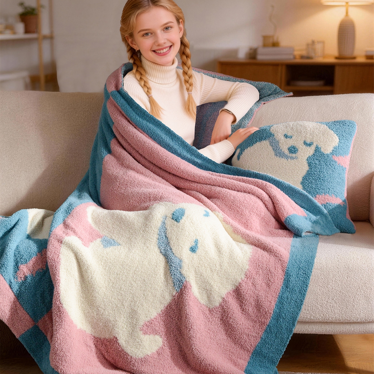 91家纺网 家纺一手货源 找家纺 栩裕纺织 2026新款艺术家居超柔半边绒A类针织毯披肩毯多功能盖毯礼物礼品终端控价 云朵朵抱枕套