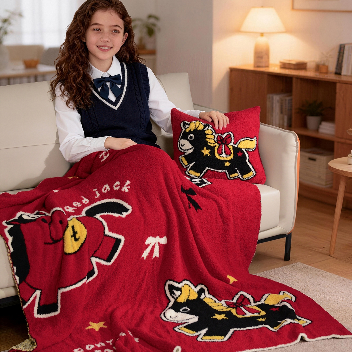 91家纺网 家纺一手货源 找家纺 栩裕纺织 2026新款艺术家居超柔半边绒A类针织毯披肩毯多功能盖毯礼物礼品终端控价 赫尔墨斯与伙伴（红）抱枕套