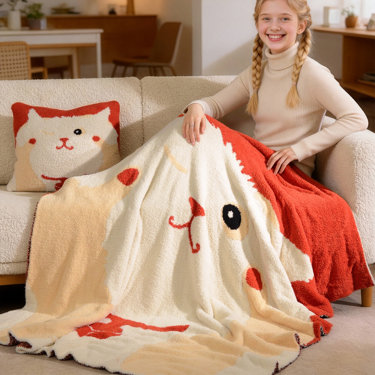 91家纺网 家纺一手货源 找家纺 栩裕纺织 2026新款艺术家居超柔半边绒A类针织毯披肩毯多功能盖毯礼物礼品终端控价 多宝团子抱枕套