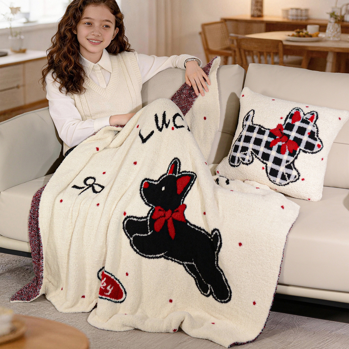 91家纺网 家纺一手货源 找家纺 栩裕纺织 2026新款艺术家居超柔半边绒A类针织毯披肩毯多功能盖毯礼物礼品终端控价 幸运狗Lucky puppy针织毯