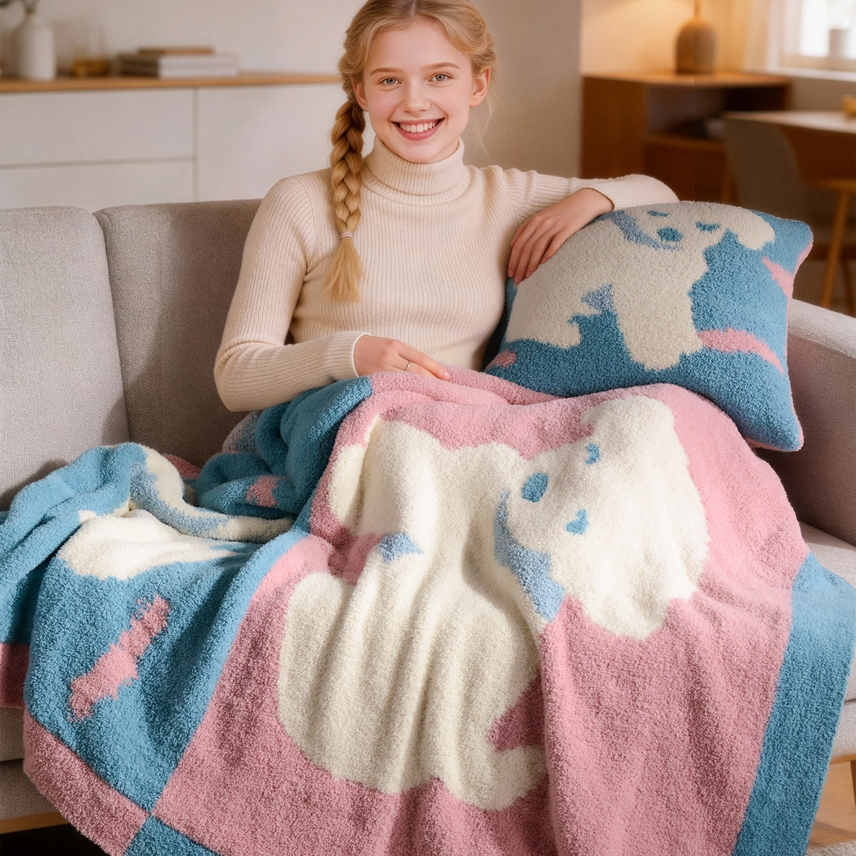 91家纺网 家纺一手货源 找家纺 栩裕纺织 2026新款艺术家居超柔半边绒A类针织毯披肩毯多功能盖毯礼物礼品终端控价 云朵朵抱枕套