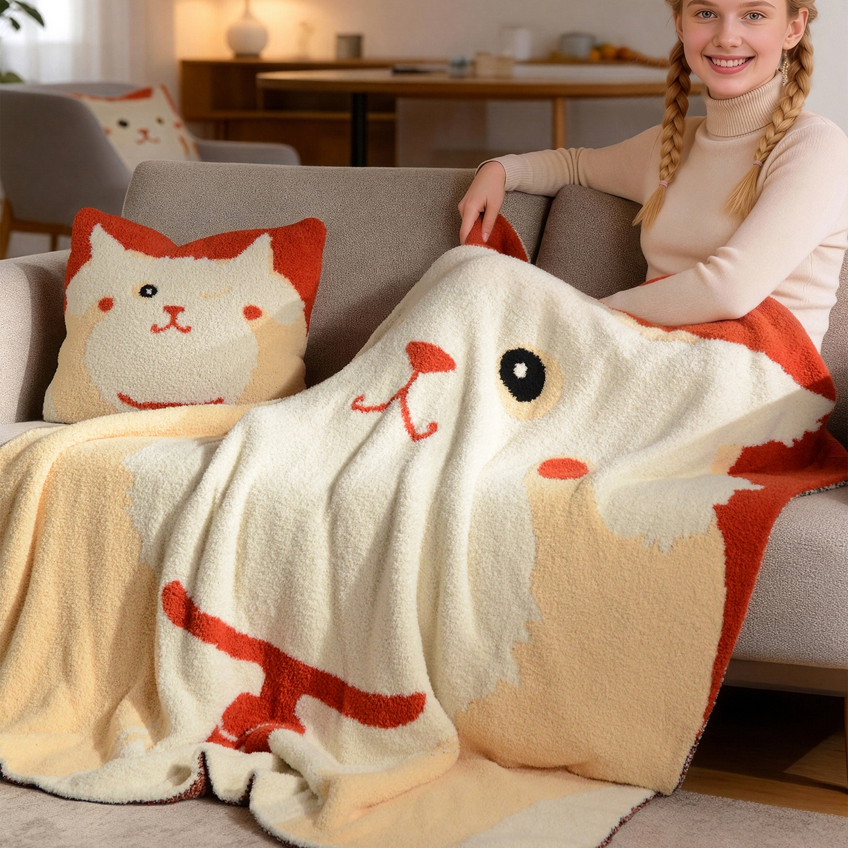 91家纺网 家纺一手货源 找家纺 栩裕纺织 2026新款艺术家居超柔半边绒A类针织毯披肩毯多功能盖毯礼物礼品终端控价 多宝团子抱枕套