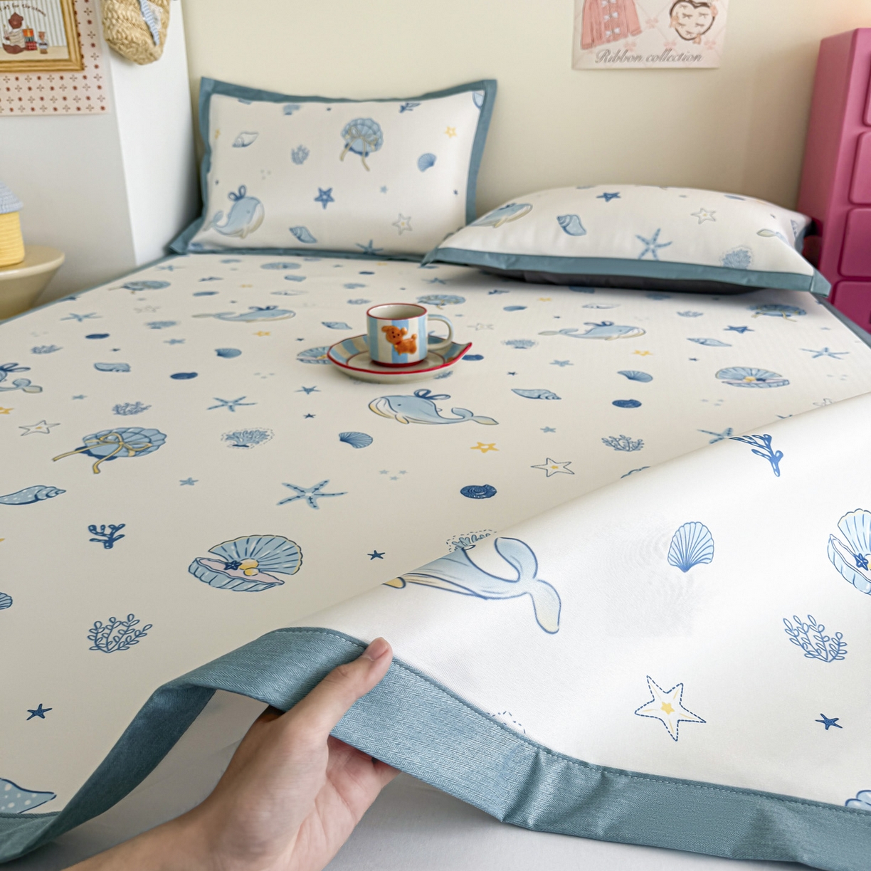 倾慕家纺 2026春夏新款A类印花小冰皮软席凉席席子 贝壳鲸鱼