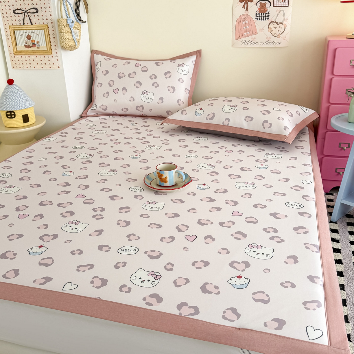 91家纺网 家纺一手货源 找家纺 倾慕家纺 2026春夏新款A类印花小冰皮软席凉席席子 豹猫粉