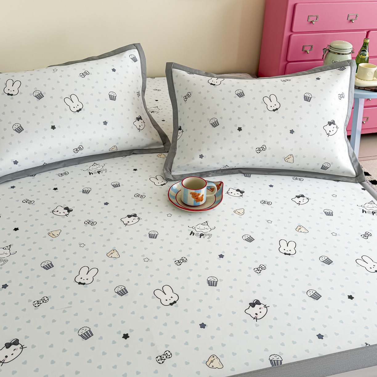 91家纺网 家纺一手货源 找家纺 倾慕家纺 2026春夏新款A类印花小冰皮软席凉席席子 蛋糕小兔