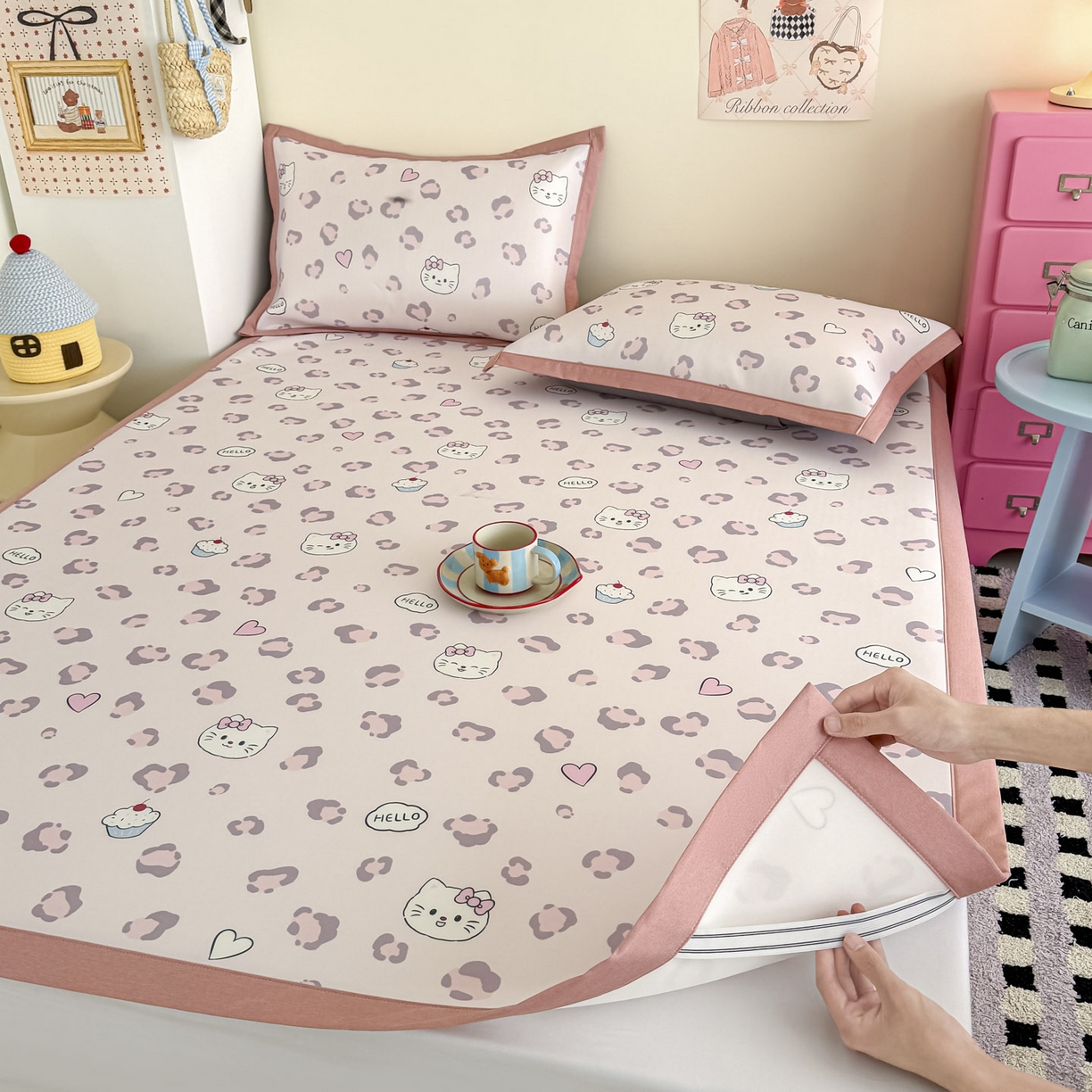 91家纺网 家纺一手货源 找家纺 倾慕家纺 2026春夏新款A类印花小冰皮软席凉席席子 豹猫粉