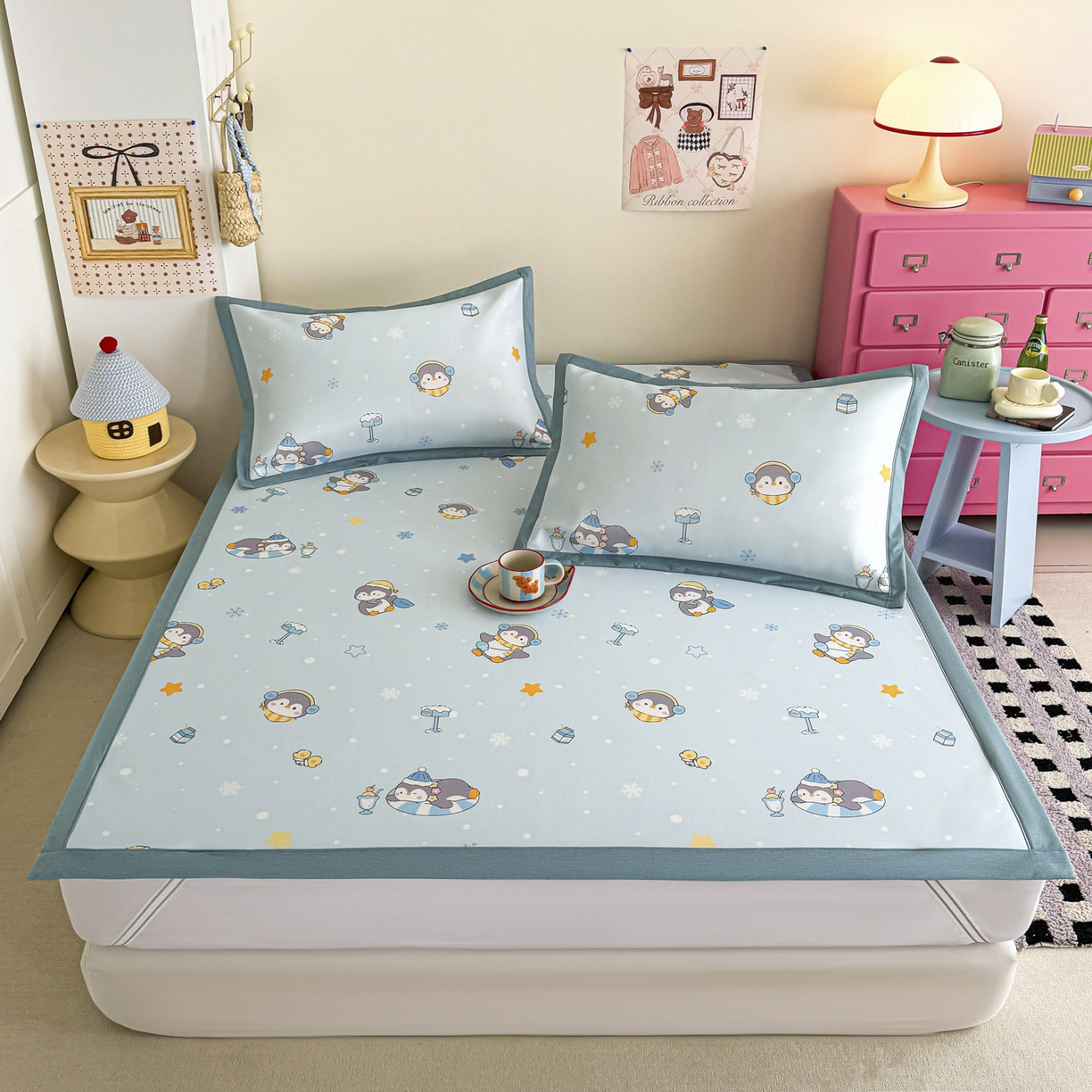 91家纺网 家纺一手货源 找家纺 倾慕家纺 2026春夏新款A类印花小冰皮软席凉席席子 冰雪企鹅