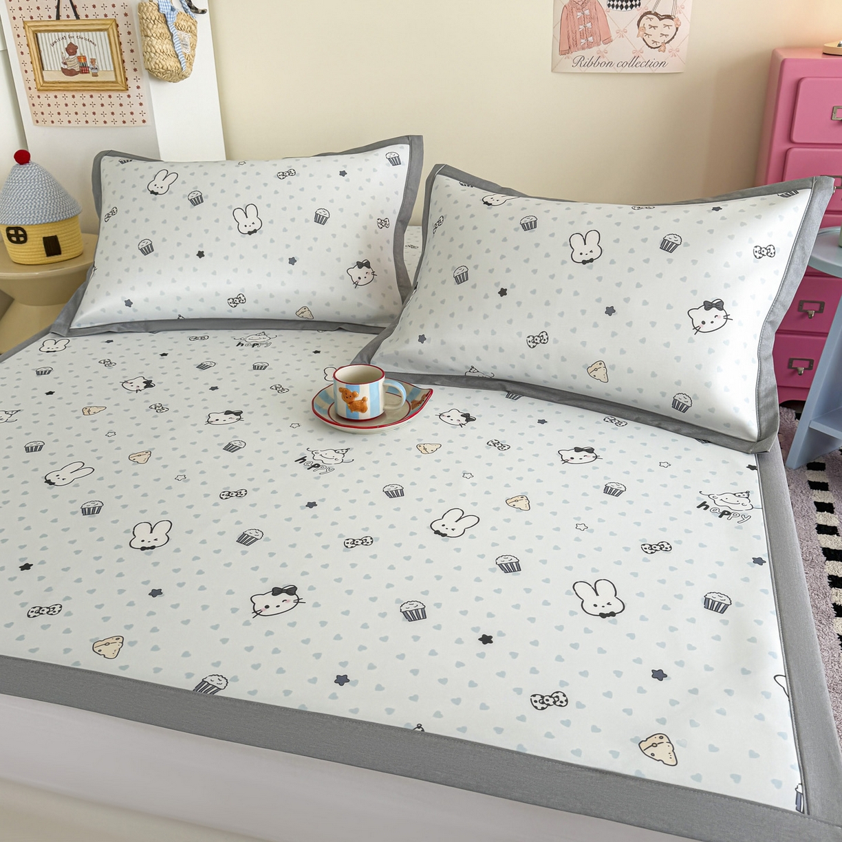 91家纺网 家纺一手货源 找家纺 倾慕家纺 2026春夏新款A类印花小冰皮软席凉席席子 蛋糕小兔