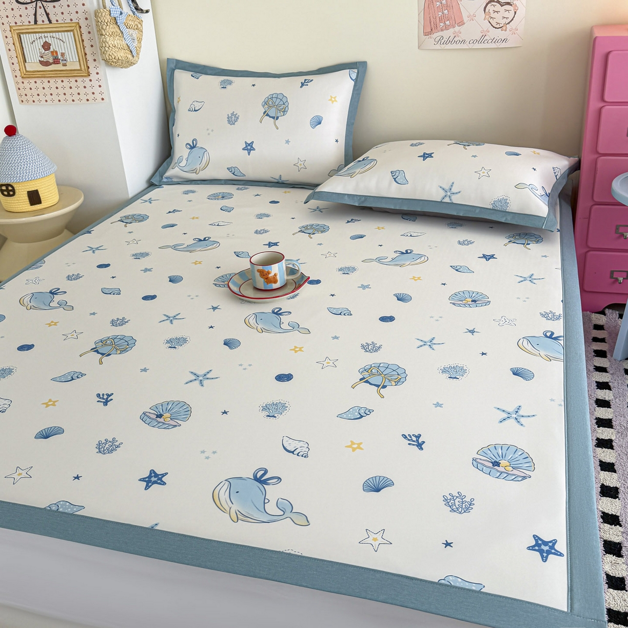 91家纺网 家纺一手货源 找家纺 倾慕家纺 2026春夏新款A类印花小冰皮软席凉席席子 贝壳鲸鱼