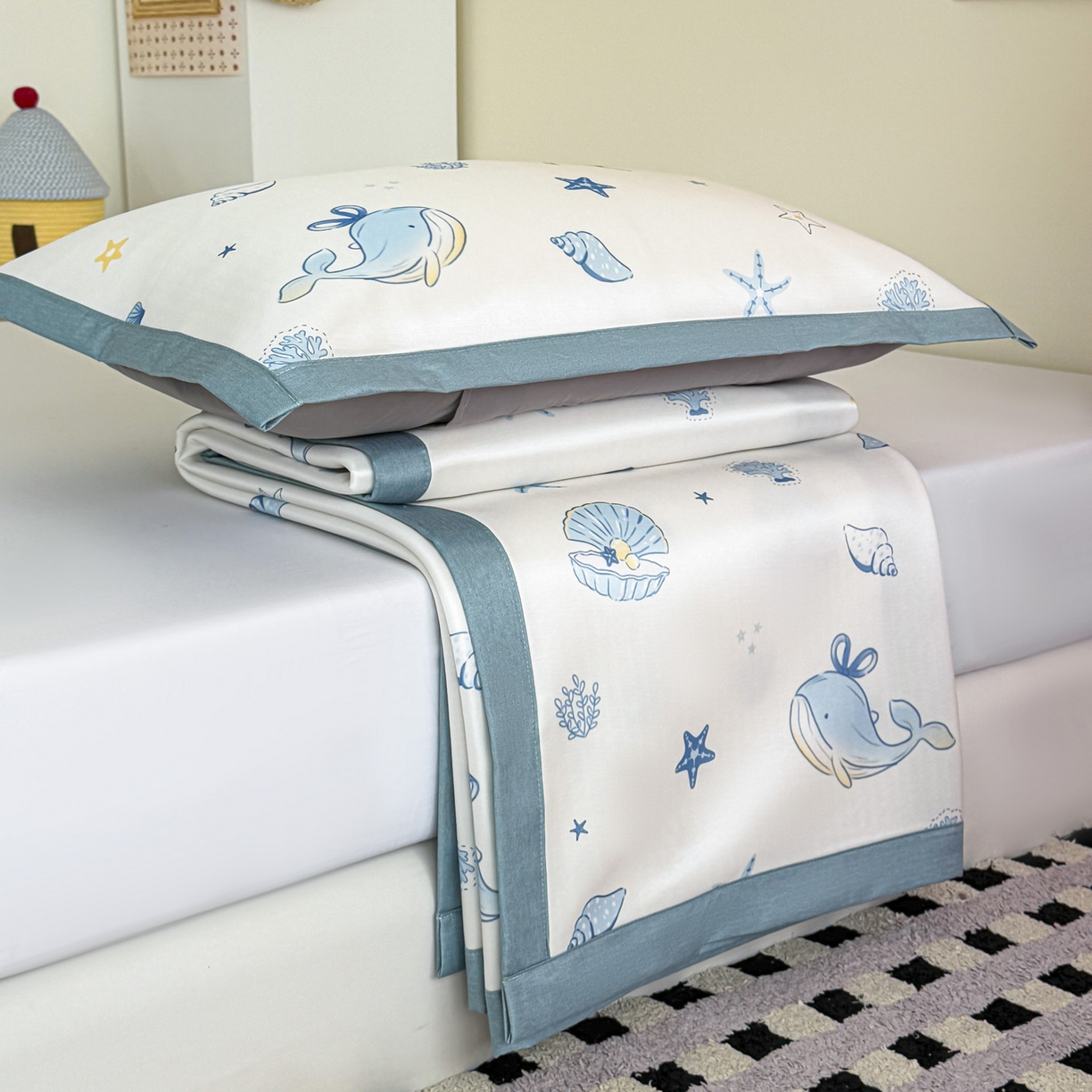 91家纺网 家纺一手货源 找家纺 倾慕家纺 2026春夏新款A类印花小冰皮软席凉席席子 贝壳鲸鱼