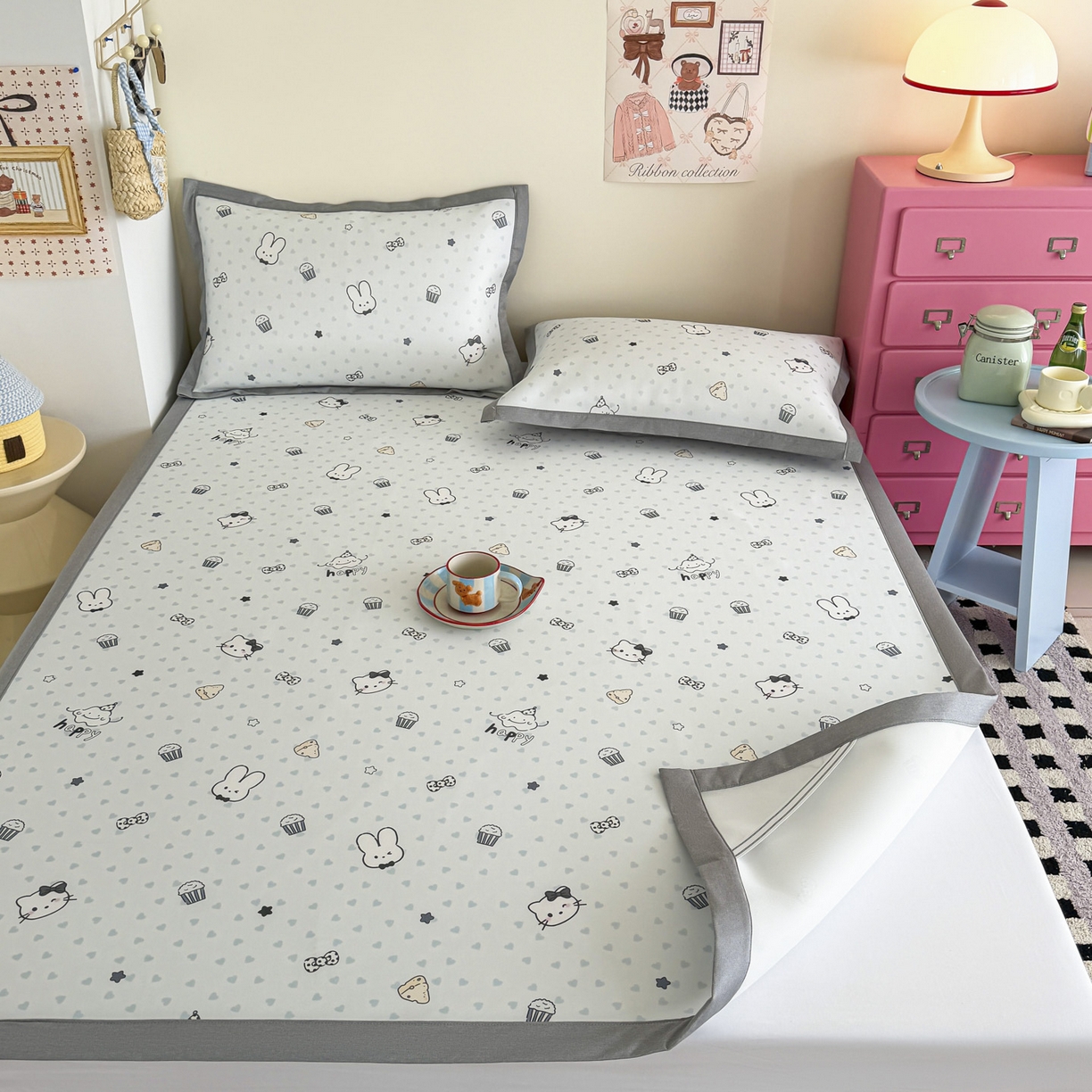 91家纺网 家纺一手货源 找家纺 倾慕家纺 2026春夏新款A类印花小冰皮软席凉席席子 蛋糕小兔