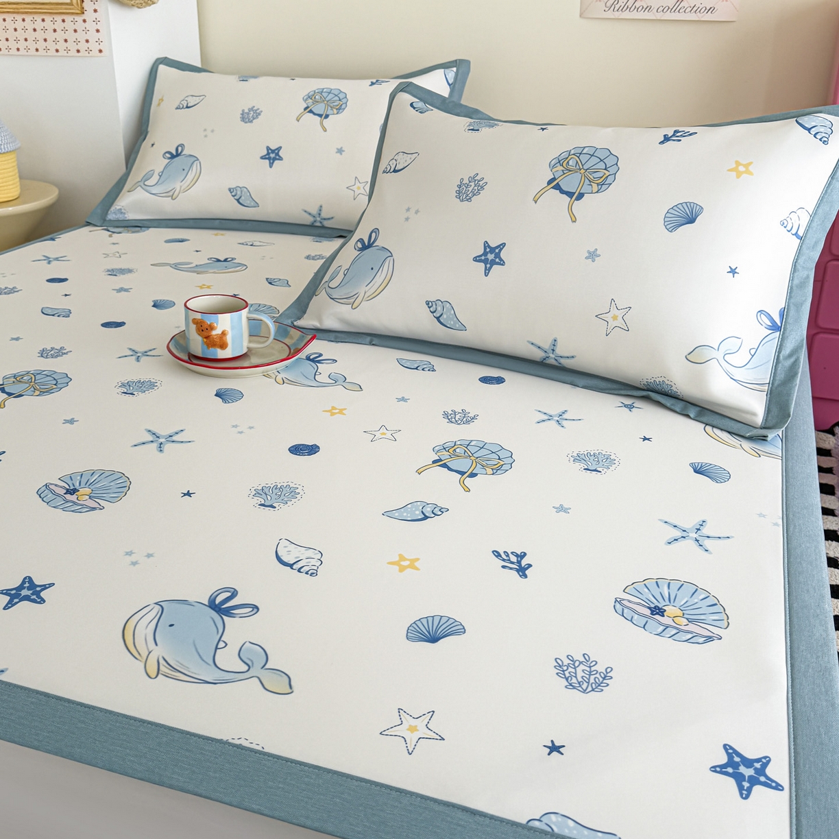 91家纺网 家纺一手货源 找家纺 倾慕家纺 2026春夏新款A类印花小冰皮软席凉席席子 贝壳鲸鱼