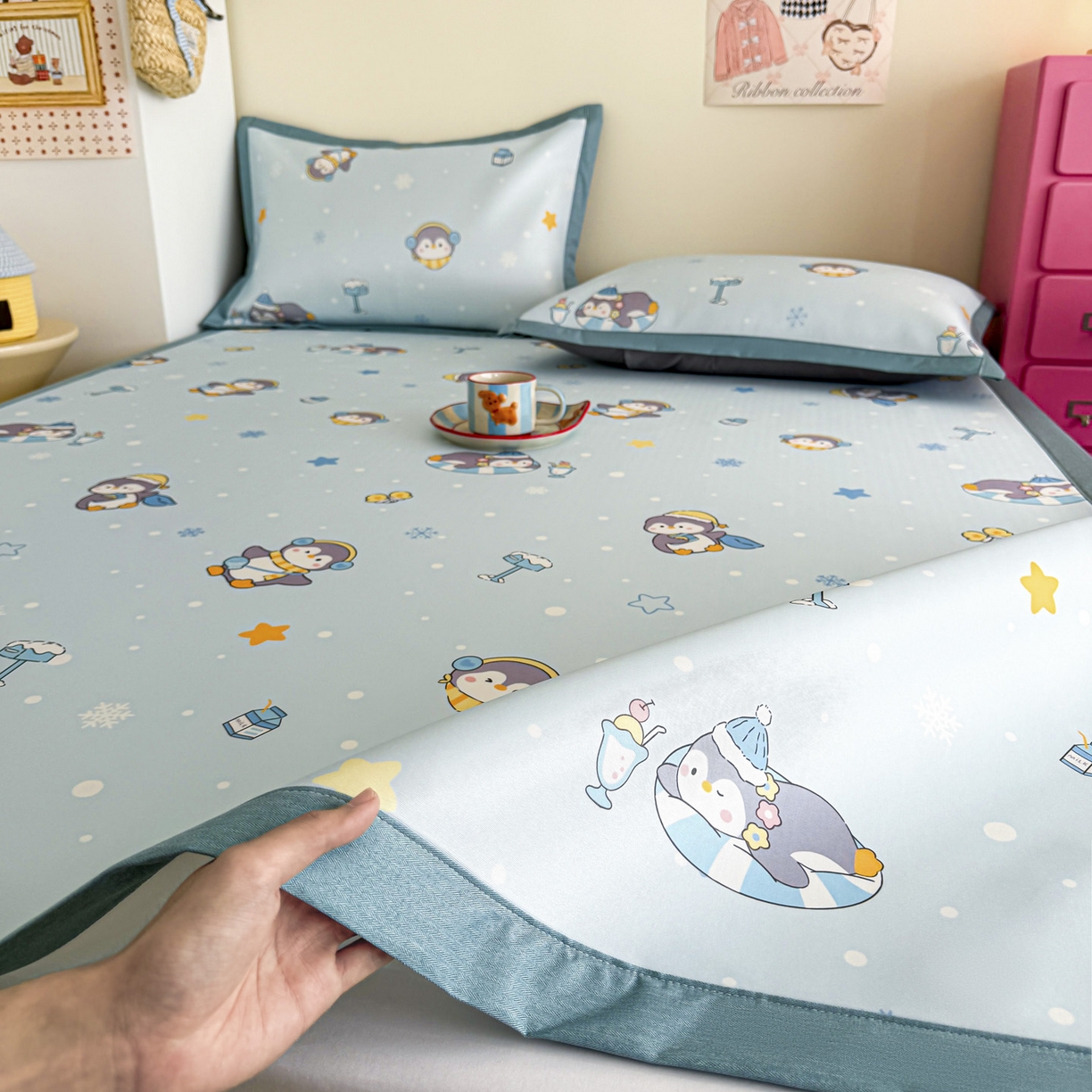 倾慕家纺 2026春夏新款A类印花小冰皮软席凉席席子 冰雪企鹅