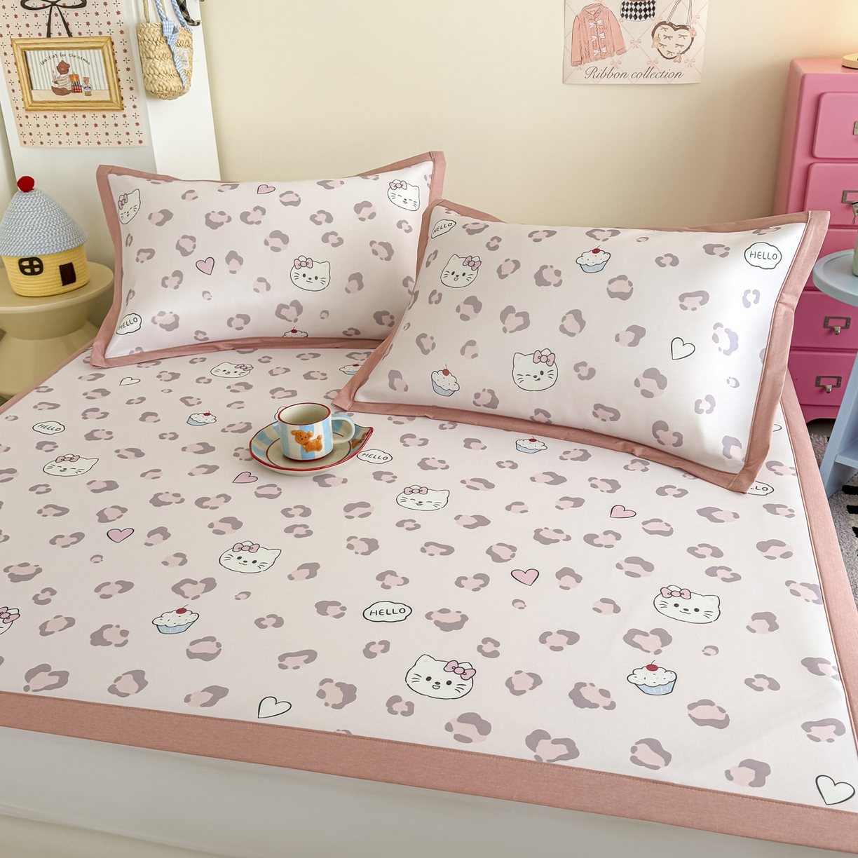 91家纺网 家纺一手货源 找家纺 倾慕家纺 2026春夏新款A类印花小冰皮软席凉席席子 豹猫粉