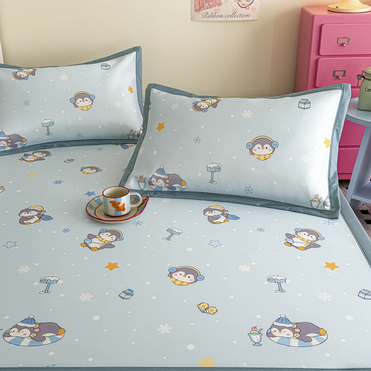 91家纺网 家纺一手货源 找家纺 倾慕家纺 2026春夏新款A类印花小冰皮软席凉席席子 冰雪企鹅