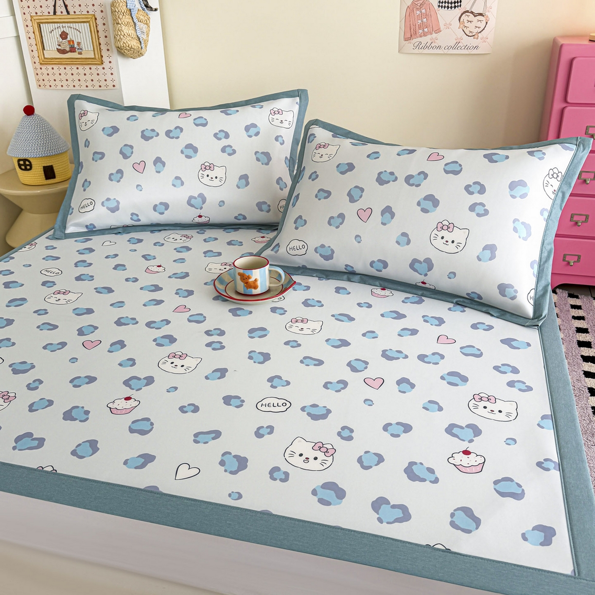 91家纺网 家纺一手货源 找家纺 倾慕家纺 2026春夏新款A类印花小冰皮软席凉席席子 豹猫蓝