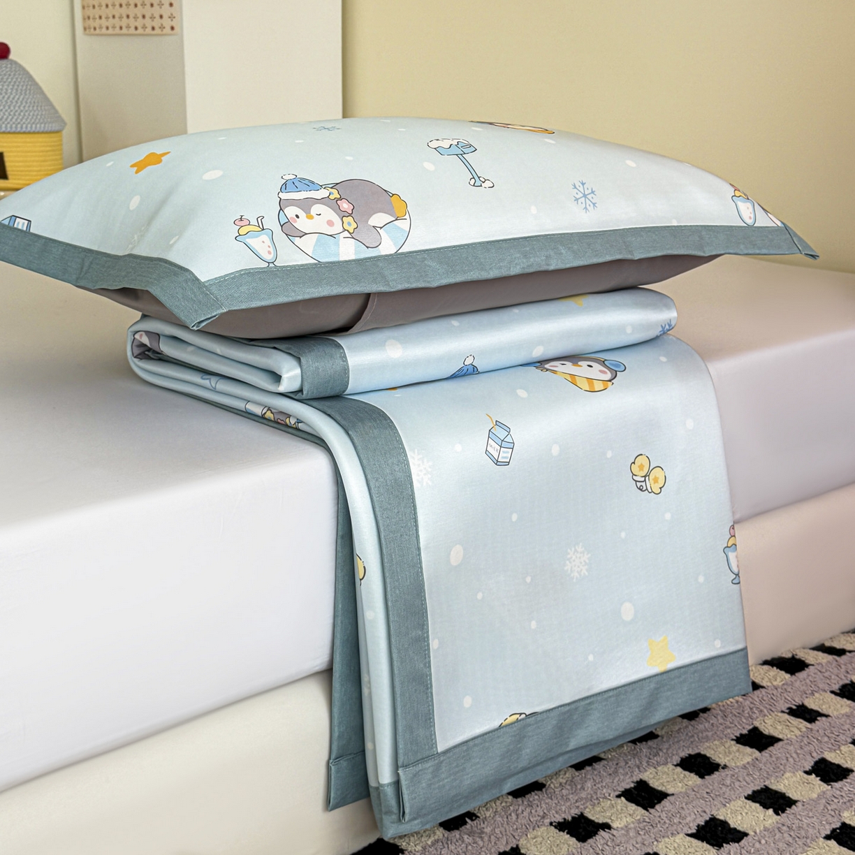 91家纺网 家纺一手货源 找家纺 倾慕家纺 2026春夏新款A类印花小冰皮软席凉席席子 冰雪企鹅