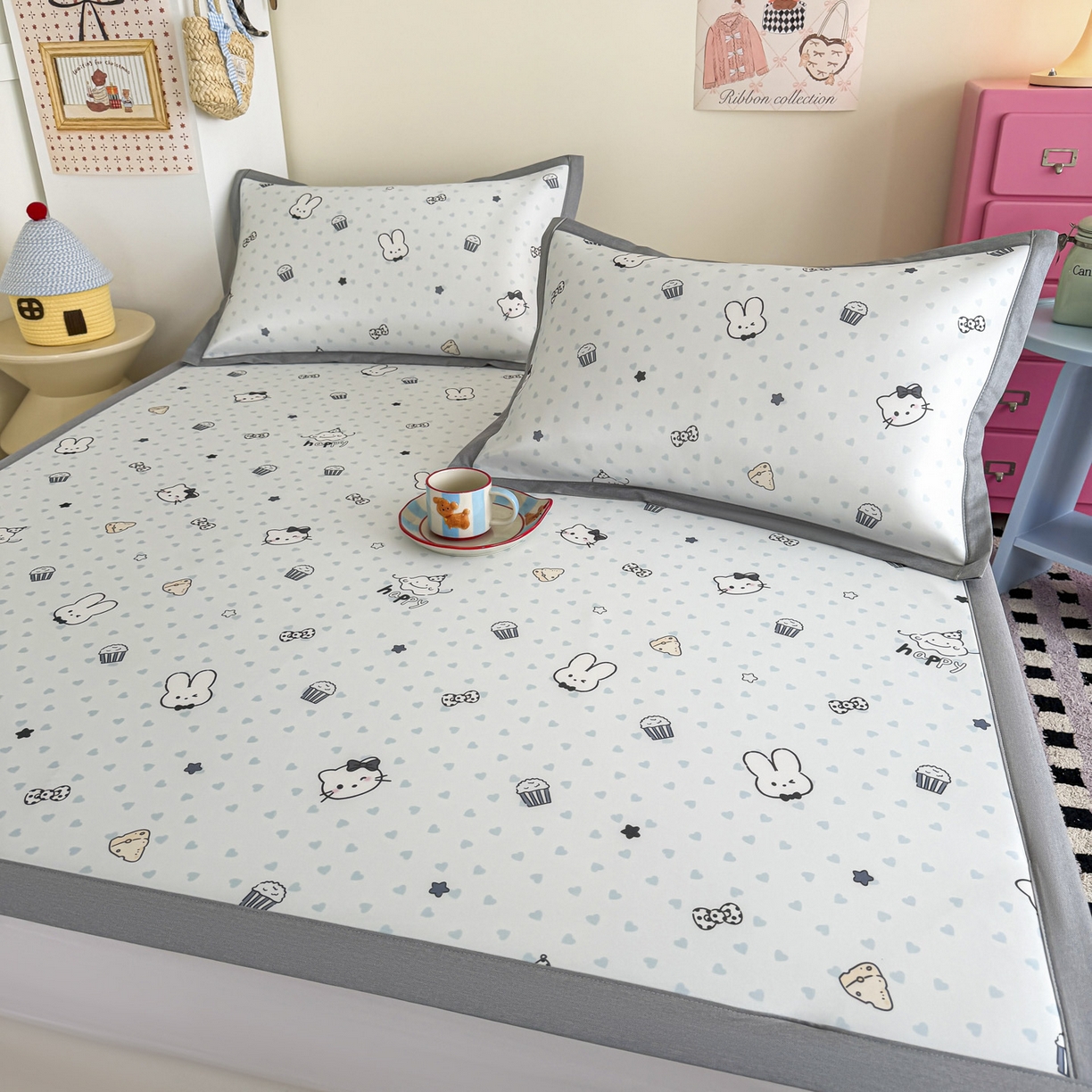 91家纺网 家纺一手货源 找家纺 倾慕家纺 2026春夏新款A类印花小冰皮软席凉席席子 蛋糕小兔