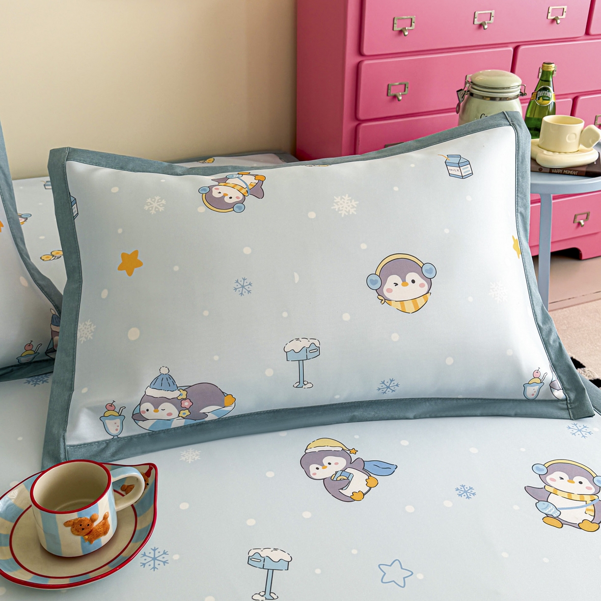 91家纺网 家纺一手货源 找家纺 倾慕家纺 2026春夏新款A类印花小冰皮软席凉席席子 冰雪企鹅