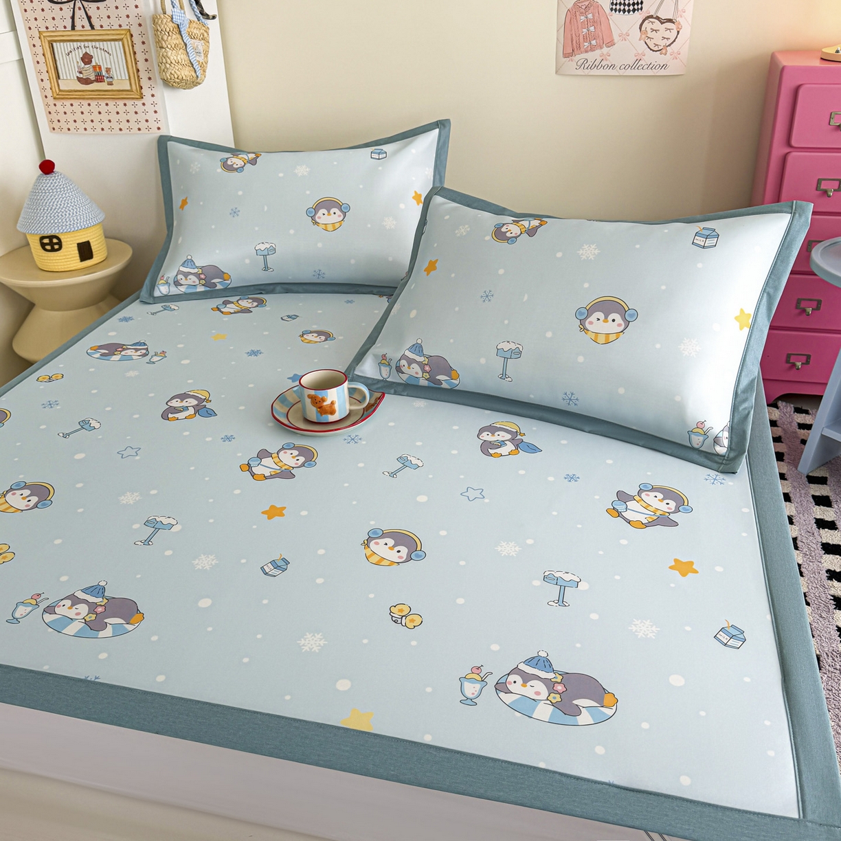 91家纺网 家纺一手货源 找家纺 倾慕家纺 2026春夏新款A类印花小冰皮软席凉席席子 冰雪企鹅