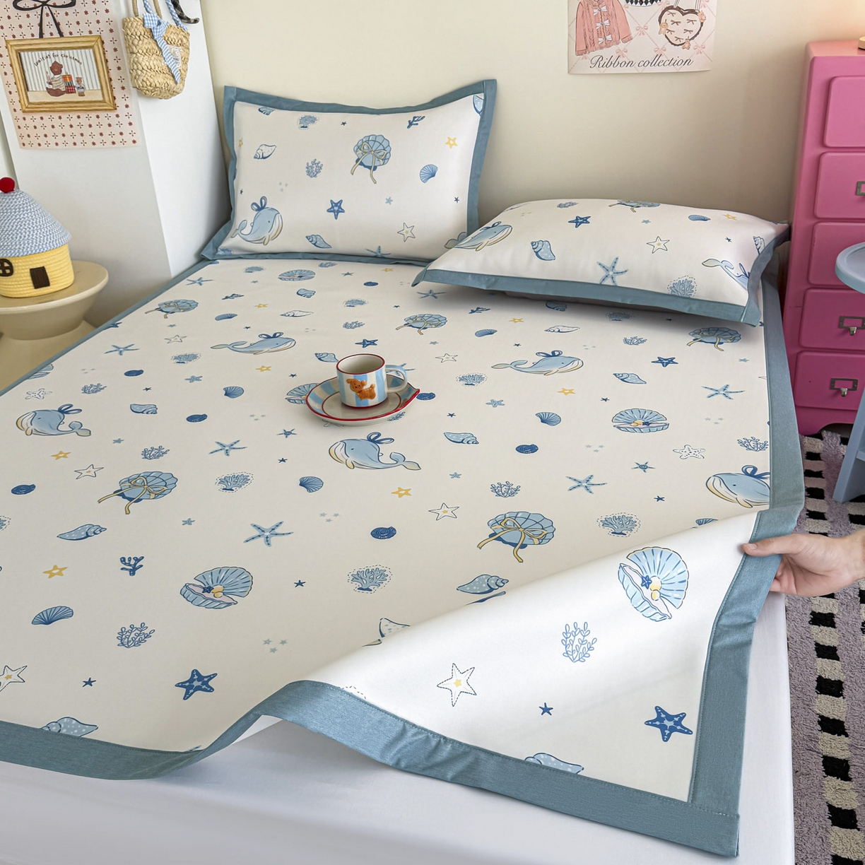 91家纺网 家纺一手货源 找家纺 倾慕家纺 2026春夏新款A类印花小冰皮软席凉席席子 贝壳鲸鱼