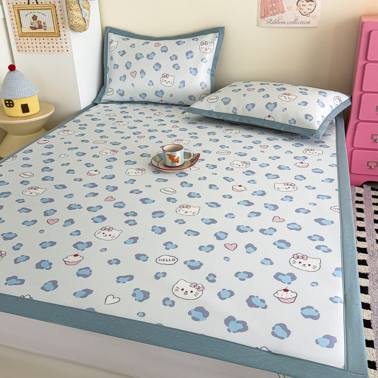 91家纺网 家纺一手货源 找家纺 倾慕家纺 2026春夏新款A类印花小冰皮软席凉席席子 豹猫蓝