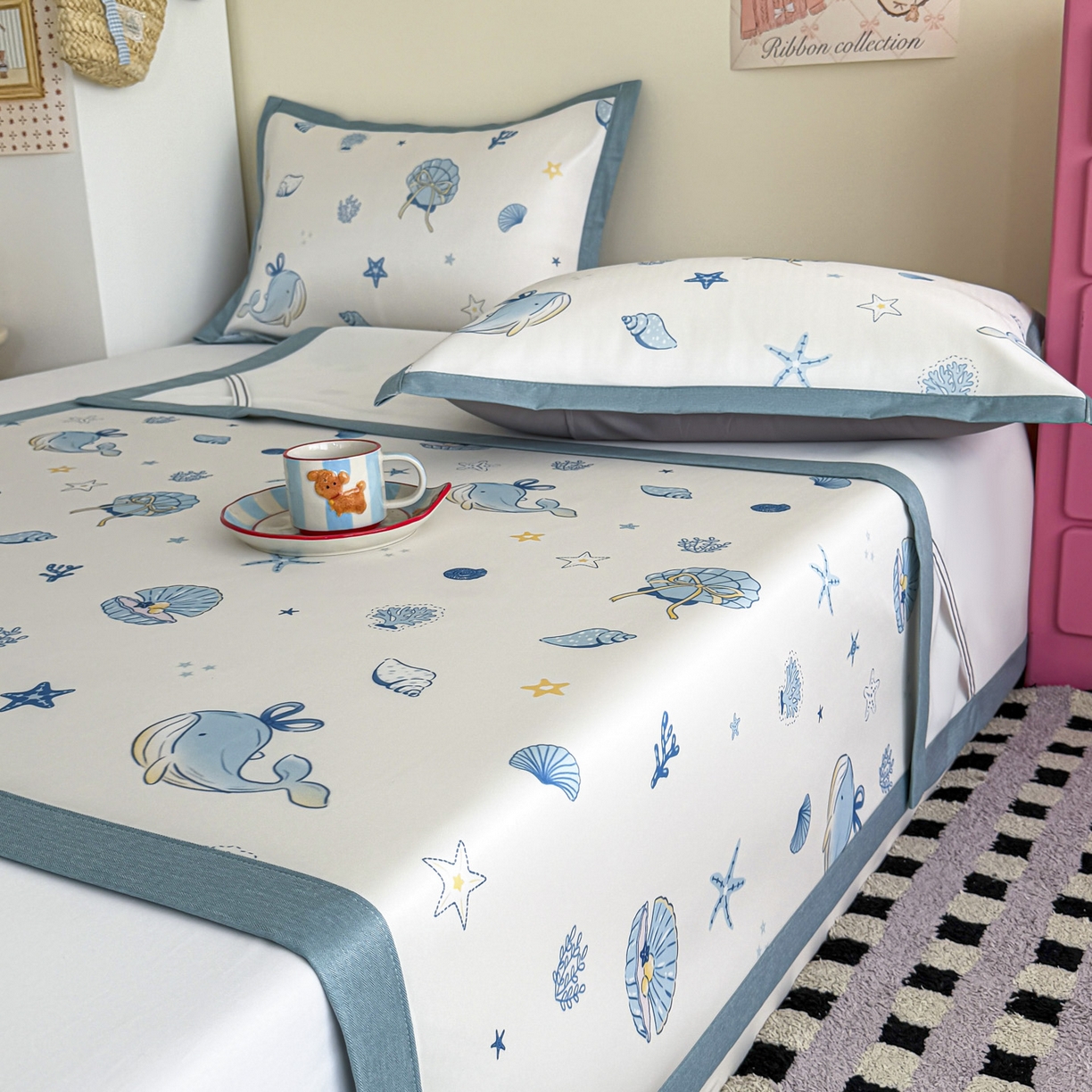 91家纺网 家纺一手货源 找家纺 倾慕家纺 2026春夏新款A类印花小冰皮软席凉席席子 贝壳鲸鱼