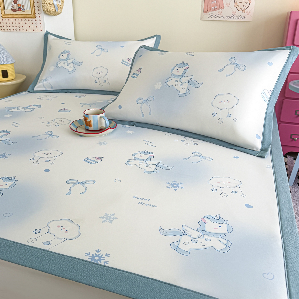 91家纺网 家纺一手货源 找家纺 倾慕家纺 2026春夏新款A类印花小冰皮软席凉席席子 云朵小马