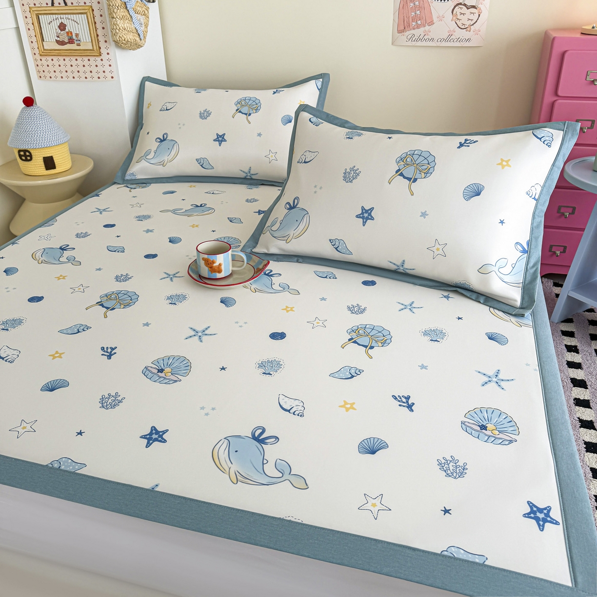 91家纺网 家纺一手货源 找家纺 倾慕家纺 2026春夏新款A类印花小冰皮软席凉席席子 贝壳鲸鱼