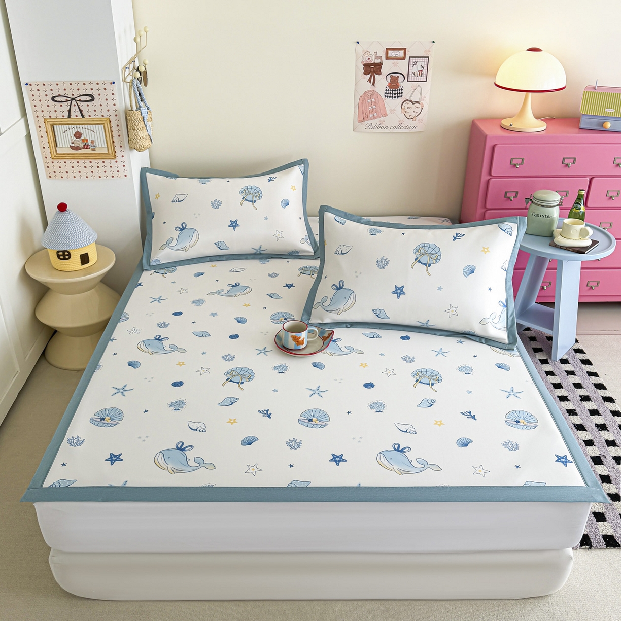 91家纺网 家纺一手货源 找家纺 倾慕家纺 2026春夏新款A类印花小冰皮软席凉席席子 贝壳鲸鱼