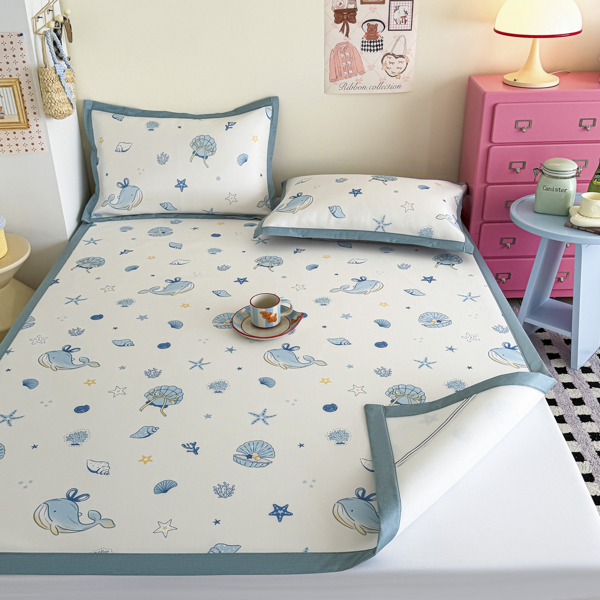 91家纺网 家纺一手货源 找家纺 倾慕家纺 2026春夏新款A类印花小冰皮软席凉席席子 贝壳鲸鱼