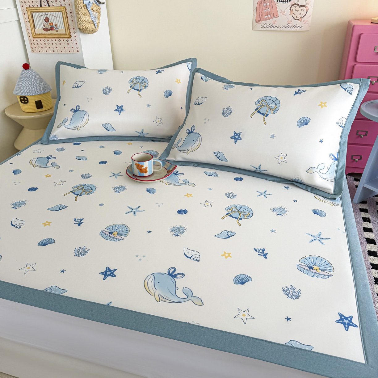 91家纺网 家纺一手货源 找家纺 倾慕家纺 2026春夏新款A类印花小冰皮软席凉席席子 贝壳鲸鱼