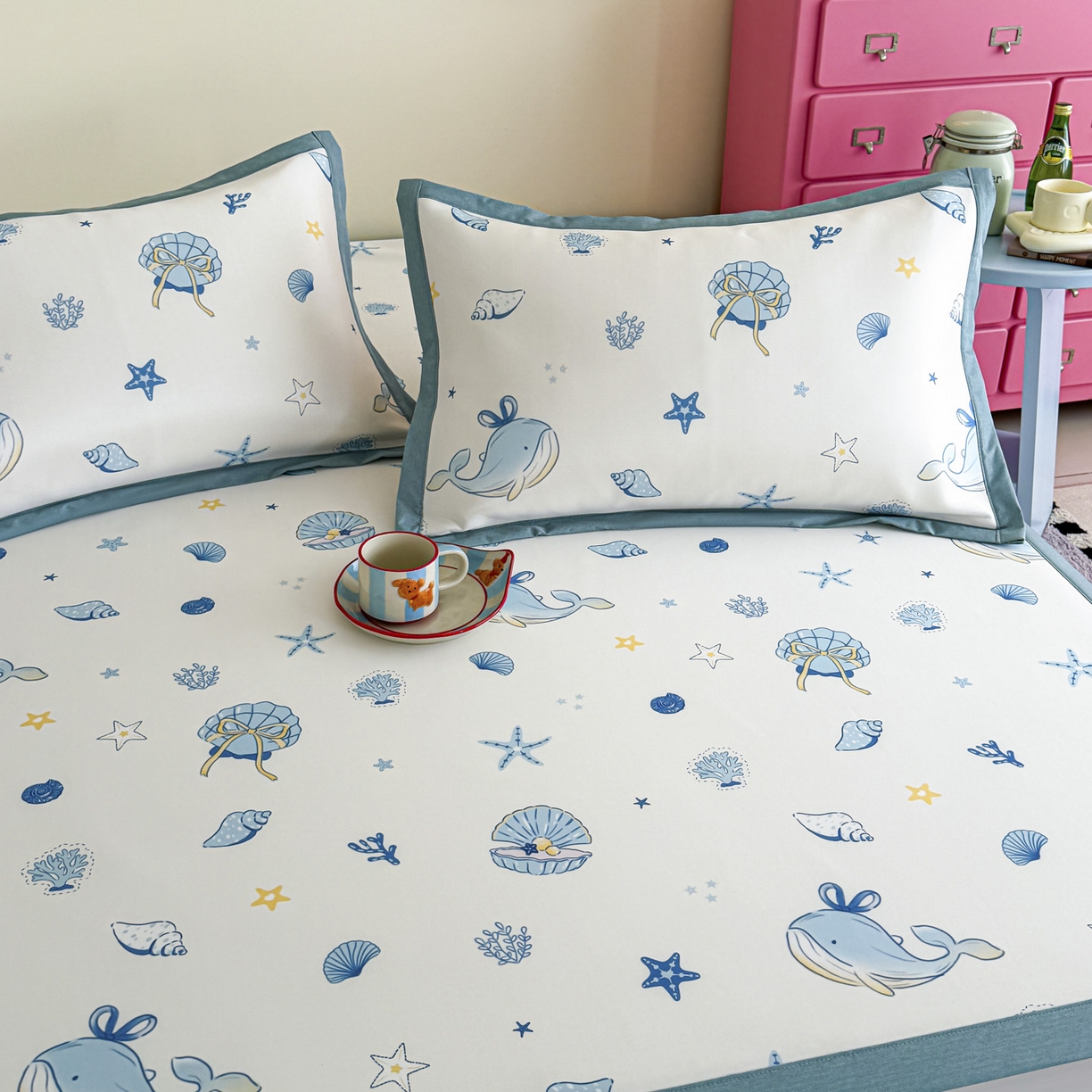 91家纺网 家纺一手货源 找家纺 倾慕家纺 2026春夏新款A类印花小冰皮软席凉席席子 贝壳鲸鱼