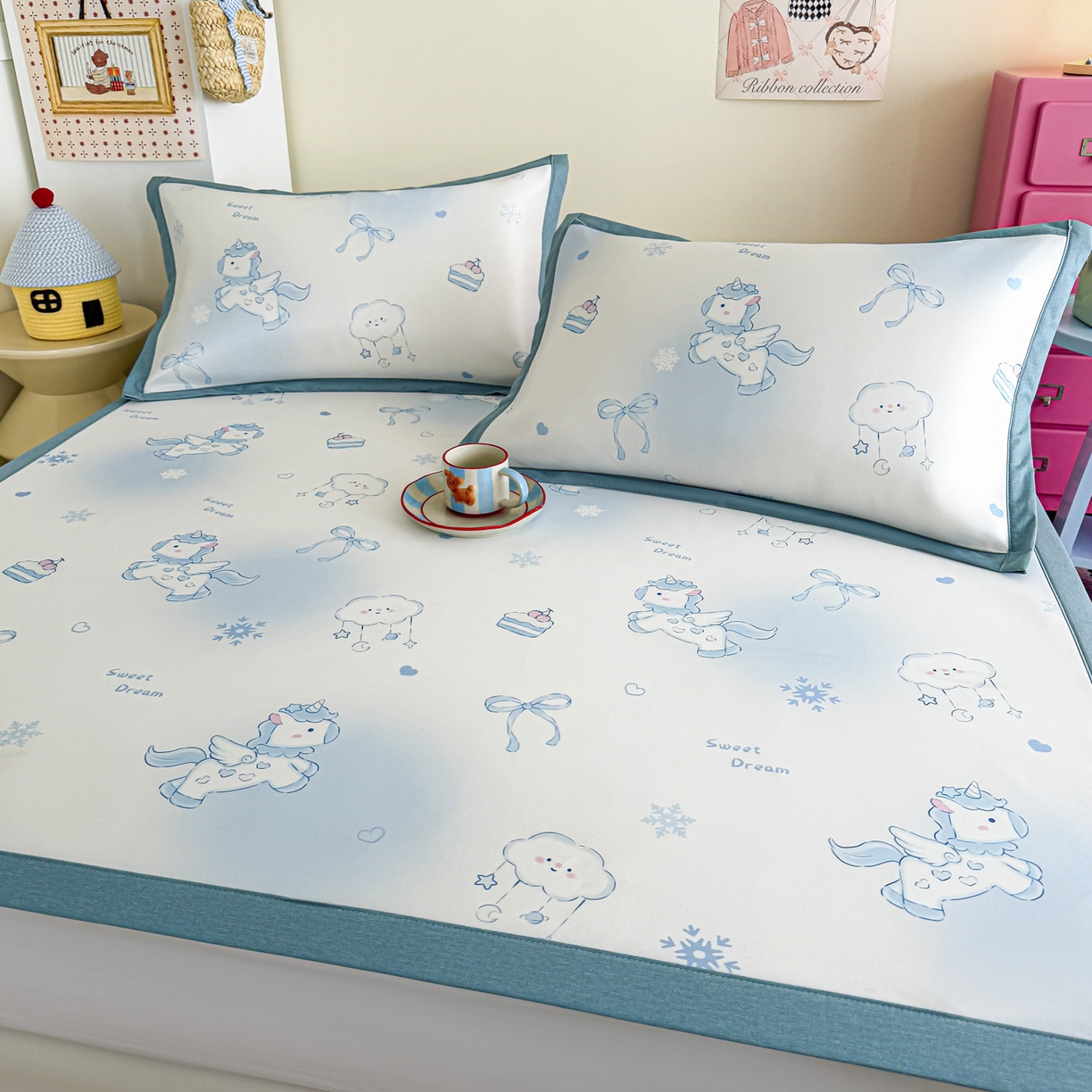 91家纺网 家纺一手货源 找家纺 倾慕家纺 2026春夏新款A类印花小冰皮软席凉席席子 云朵小马