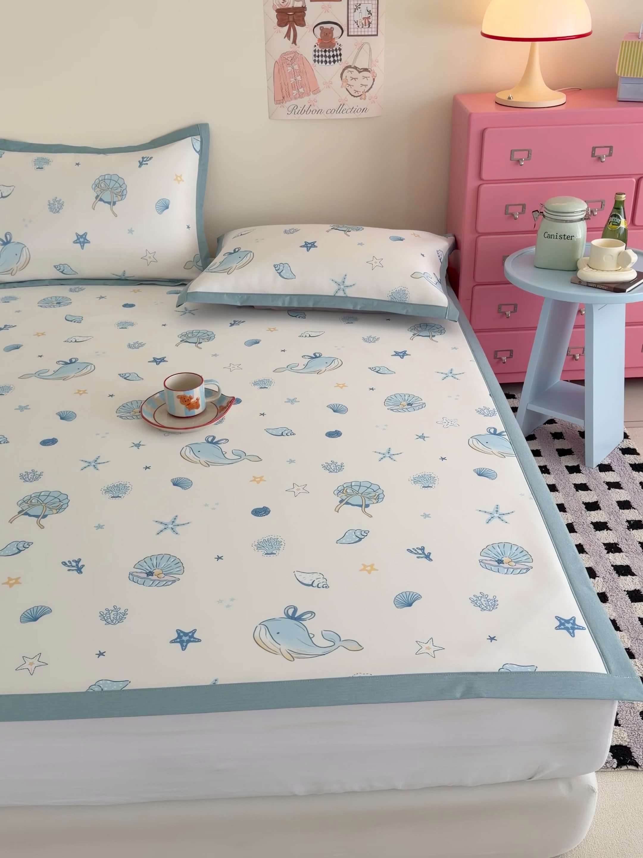 91家纺网 家纺一手货源 找家纺 倾慕家纺 2026春夏新款A类印花小冰皮软席凉席席子 贝壳鲸鱼