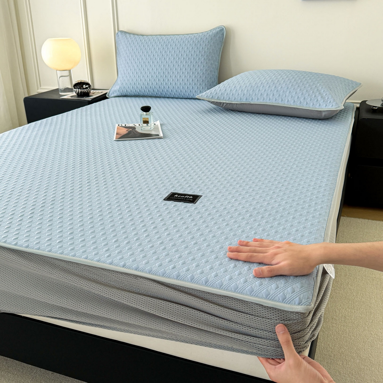 倾慕家纺 2026春夏新款全PE冰豆豆全包围床笠款凉席席子 菱形泡蓝