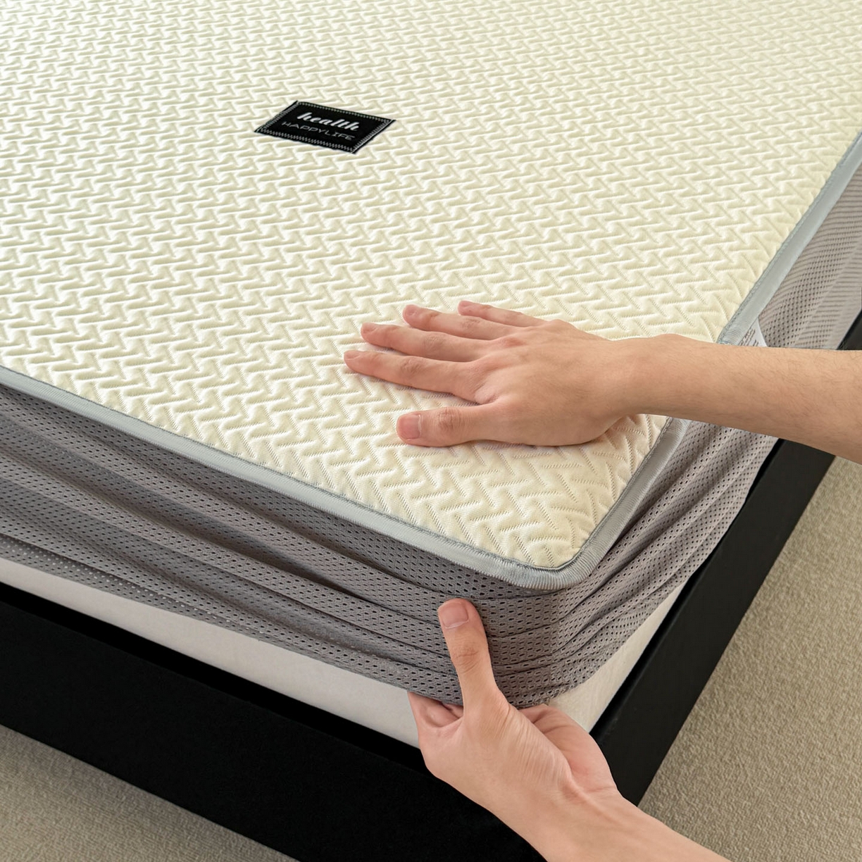 91家纺网 家纺一手货源 找家纺 倾慕家纺 2026春夏新款全PE冰豆豆全包围床笠款凉席席子 箭纹米白