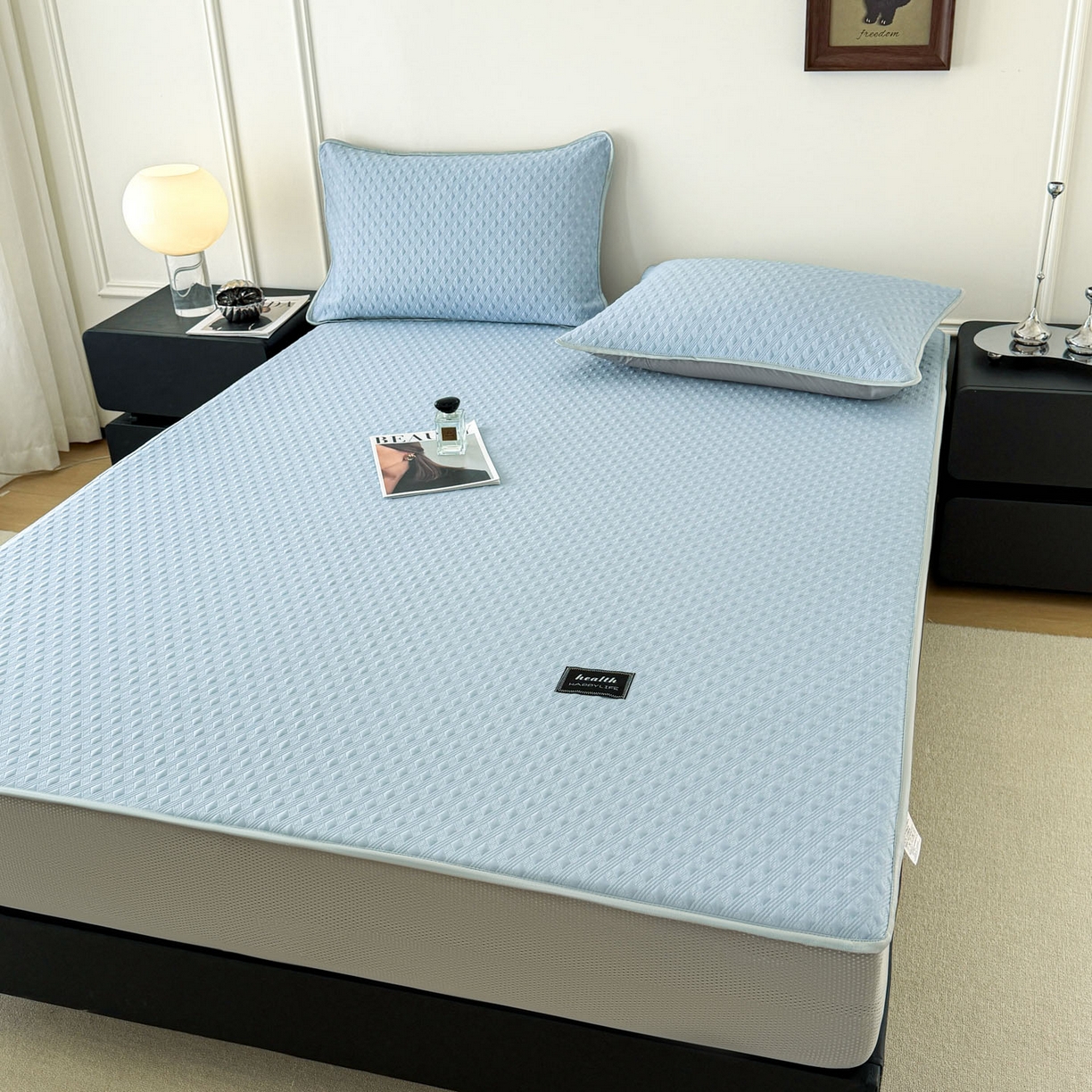 91家纺网 家纺一手货源 找家纺 倾慕家纺 2026春夏新款全PE冰豆豆全包围床笠款凉席席子 菱形泡蓝