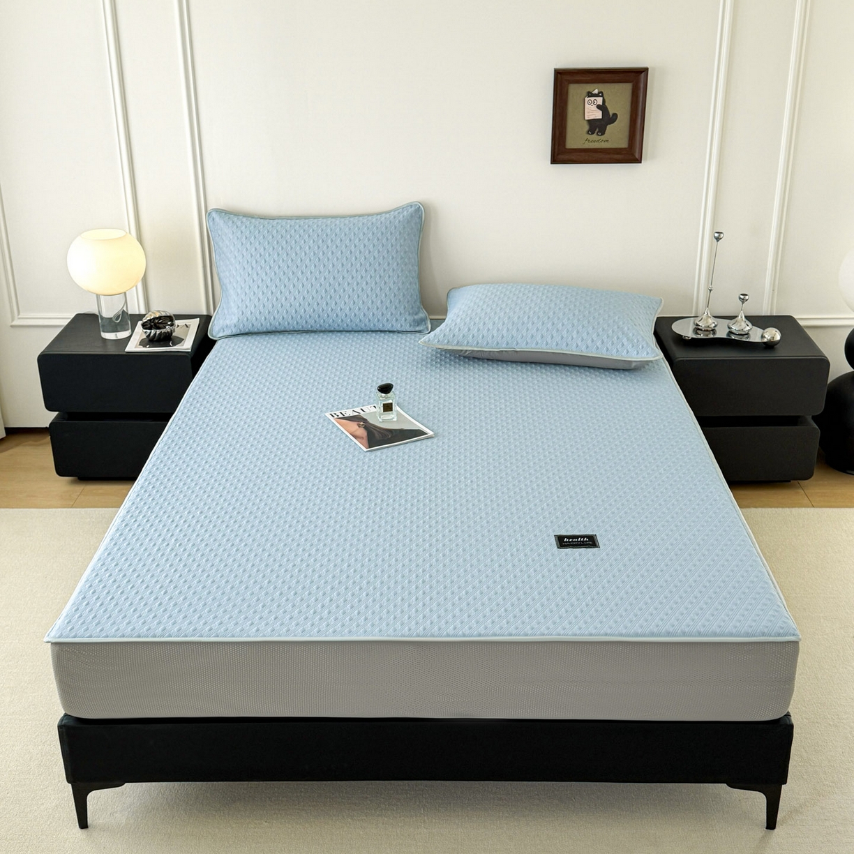 91家纺网 家纺一手货源 找家纺 倾慕家纺 2026春夏新款全PE冰豆豆全包围床笠款凉席席子 菱形泡蓝