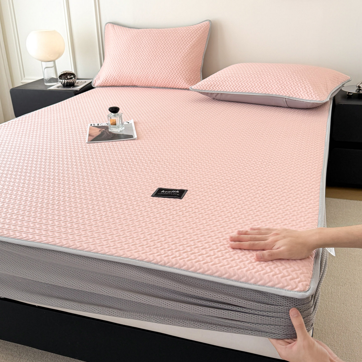 倾慕家纺 2026春夏新款全PE冰豆豆全包围床笠款凉席席子 箭纹粉