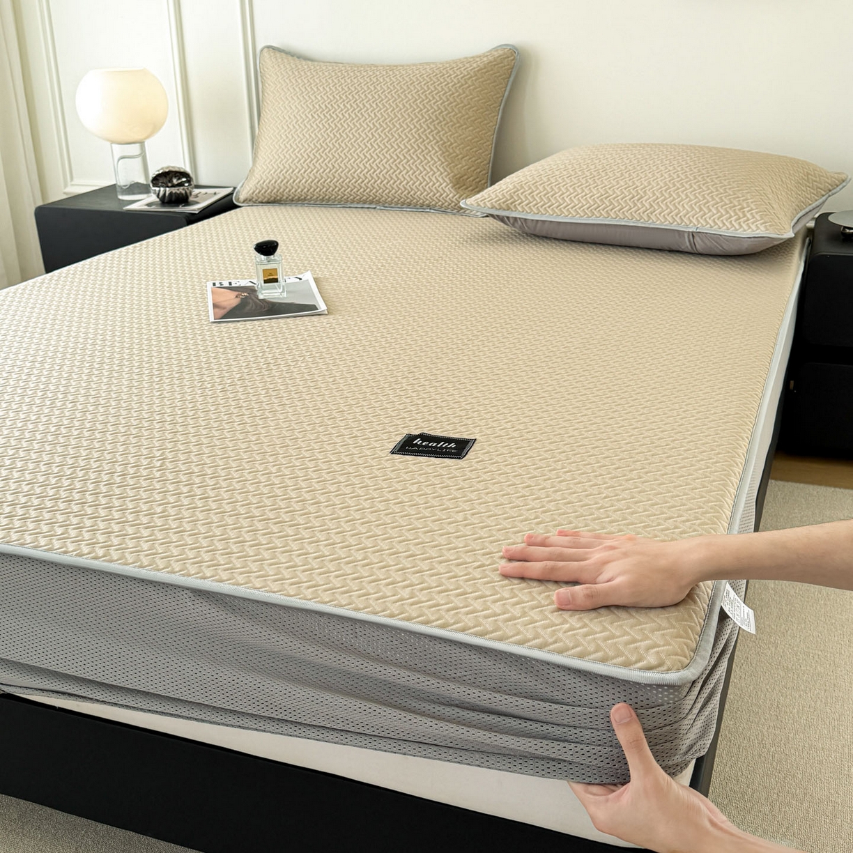 倾慕家纺 2026春夏新款全PE冰豆豆全包围床笠款凉席席子 箭纹卡其