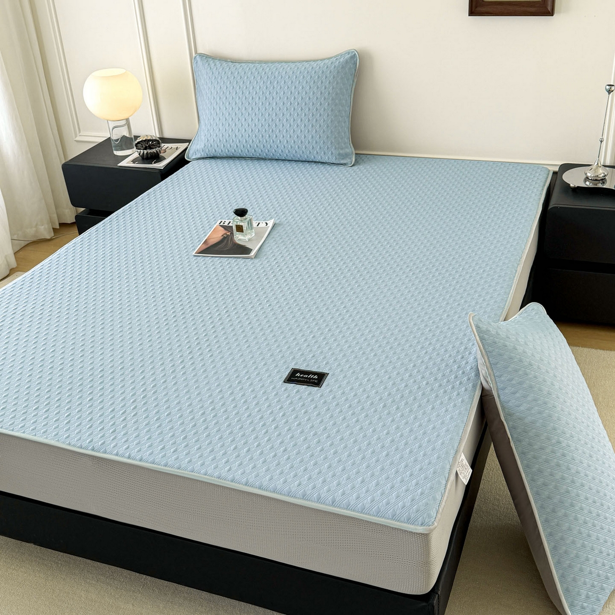 91家纺网 家纺一手货源 找家纺 倾慕家纺 2026春夏新款全PE冰豆豆全包围床笠款凉席席子 菱形泡蓝